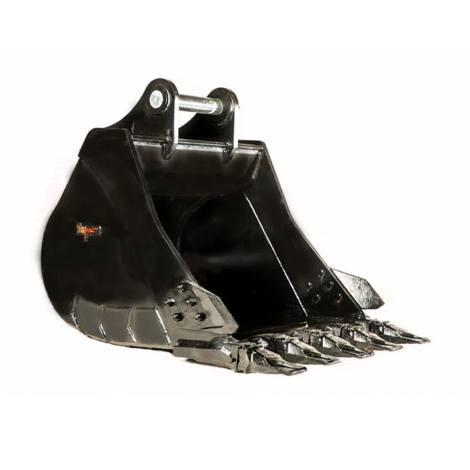 Impact brand heavy-duty digging bucket attachment designed for excavators, showcasing its reinforced construction and sharp teeth for enhanced penetration and durability in tough digging conditions. Ideal for a variety of excavation projects, this robust bucket increases productivity and efficiency on construction and earthmoving sites.