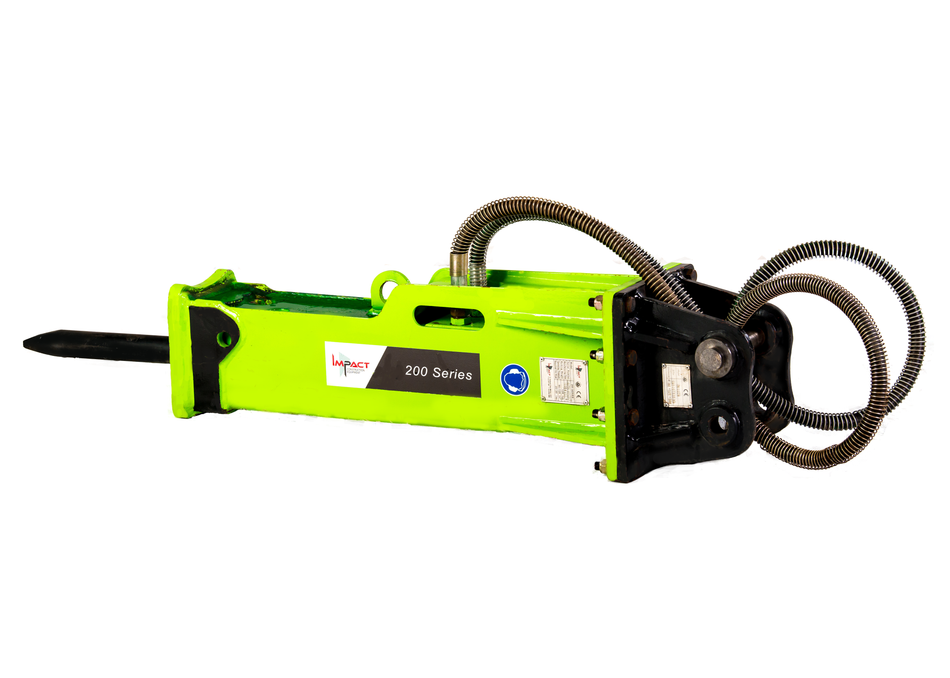 Impact Attachments 200 Series hydraulic breaker for excavators, ideal for heavy-duty demolition and construction projects, featuring durable construction and efficient performance.