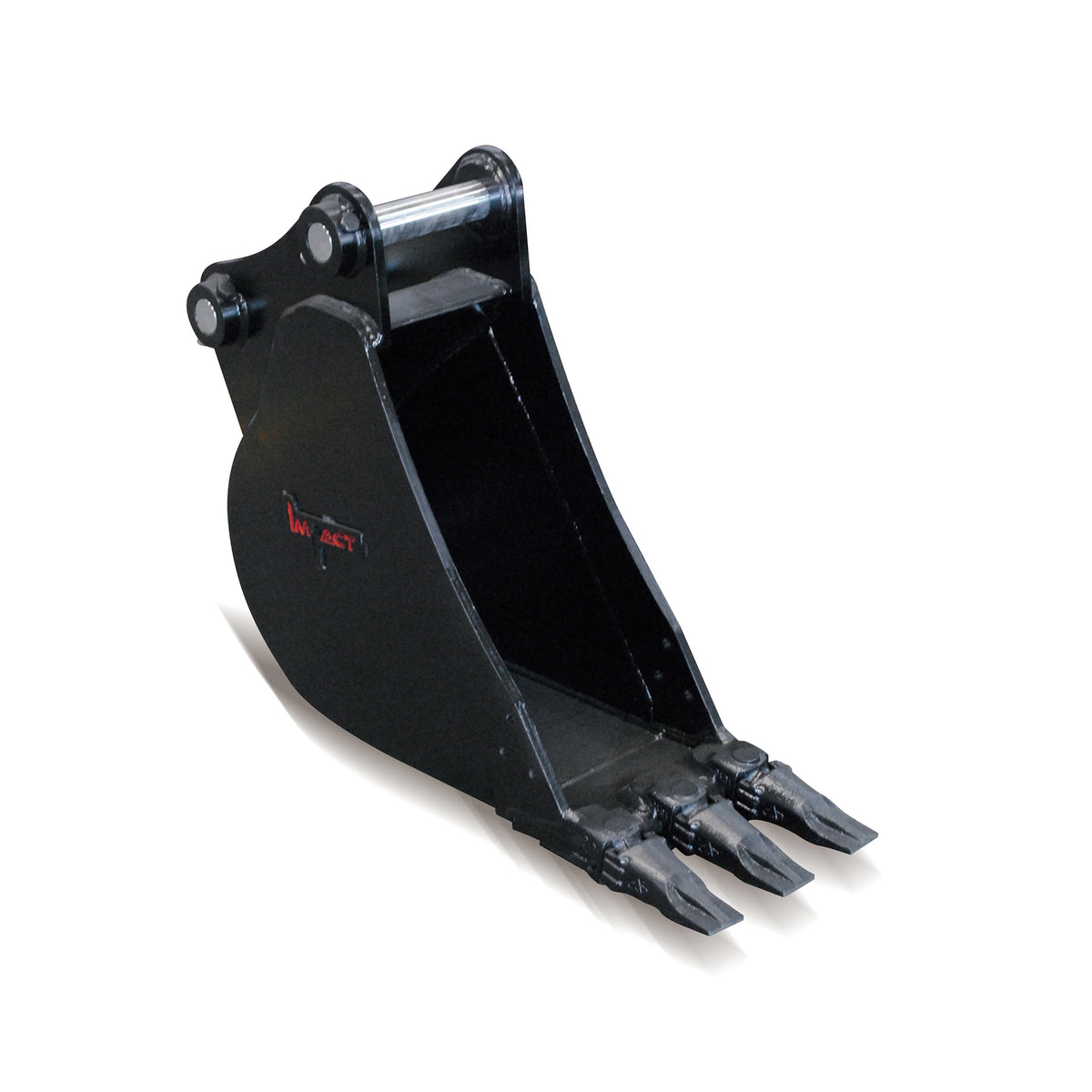 Impact brand heavy-duty digging bucket attachment designed for excavators, showcasing its reinforced construction and sharp teeth for enhanced penetration and durability in tough digging conditions. Ideal for a variety of excavation projects, this robust bucket increases productivity and efficiency on construction and earthmoving sites.