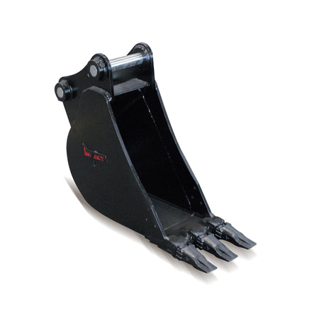 Impact brand heavy-duty digging bucket attachment designed for excavators, showcasing its reinforced construction and sharp teeth for enhanced penetration and durability in tough digging conditions. Ideal for a variety of excavation projects, this robust bucket increases productivity and efficiency on construction and earthmoving sites.