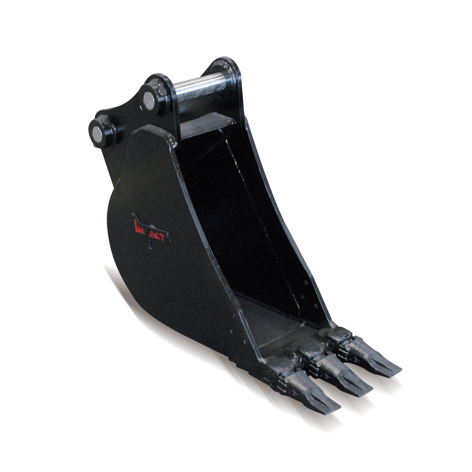 Impact brand heavy-duty digging bucket attachment designed for excavators, showcasing its reinforced construction and sharp teeth for enhanced penetration and durability in tough digging conditions. Ideal for a variety of excavation projects, this robust bucket increases productivity and efficiency on construction and earthmoving sites.