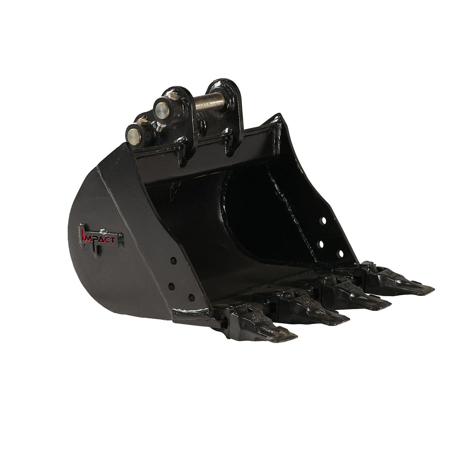 Impact brand heavy-duty digging bucket attachment designed for excavators, showcasing its reinforced construction and sharp teeth for enhanced penetration and durability in tough digging conditions. Ideal for a variety of excavation projects, this robust bucket increases productivity and efficiency on construction and earthmoving sites.