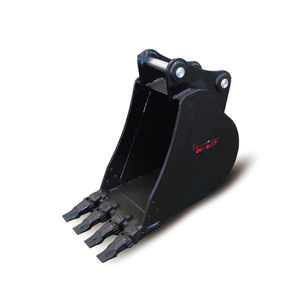 Impact brand heavy-duty digging bucket attachment designed for excavators, showcasing its reinforced construction and sharp teeth for enhanced penetration and durability in tough digging conditions. Ideal for a variety of excavation projects, this robust bucket increases productivity and efficiency on construction and earthmoving sites.