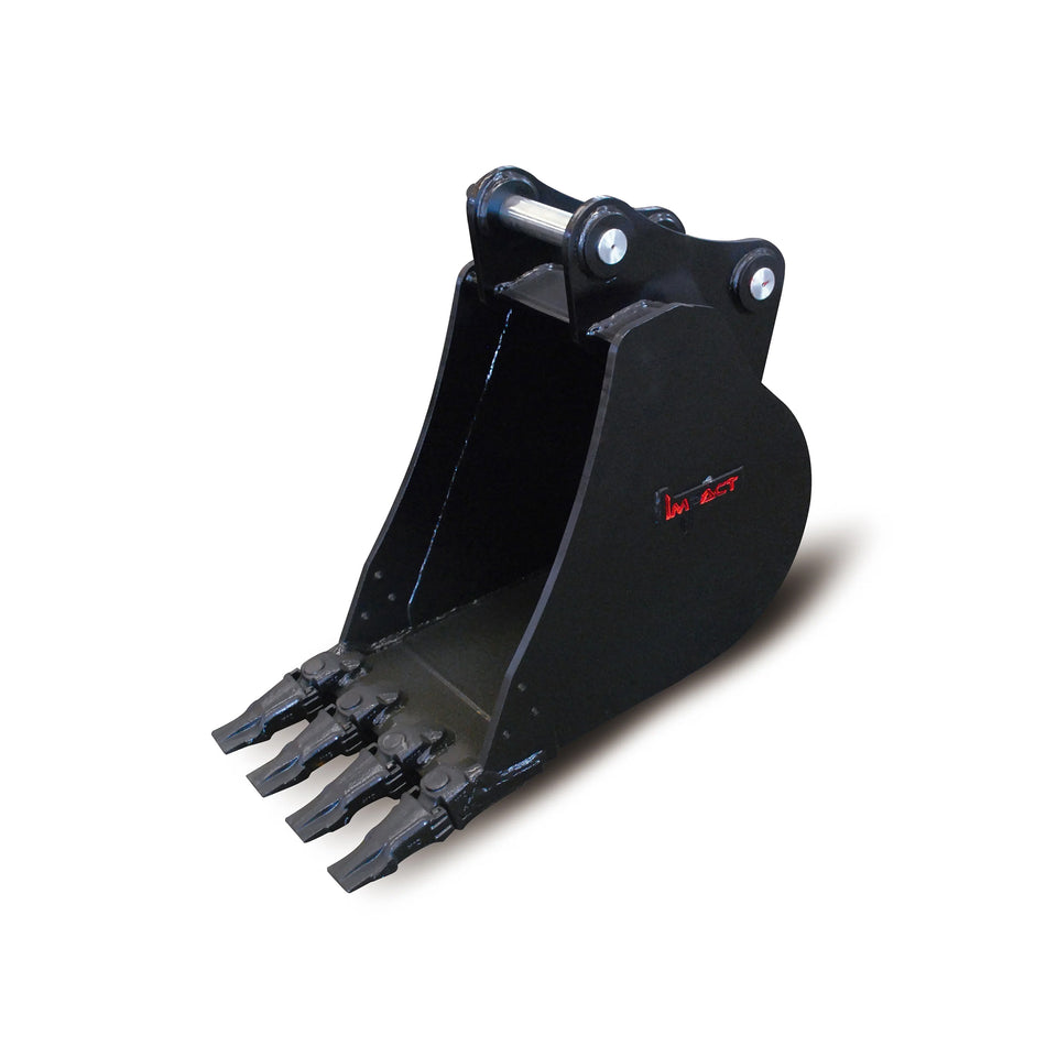 Impact brand heavy-duty digging bucket attachment designed for excavators, showcasing its reinforced construction and sharp teeth for enhanced penetration and durability in tough digging conditions. Ideal for a variety of excavation projects, this robust bucket increases productivity and efficiency on construction and earthmoving sites.