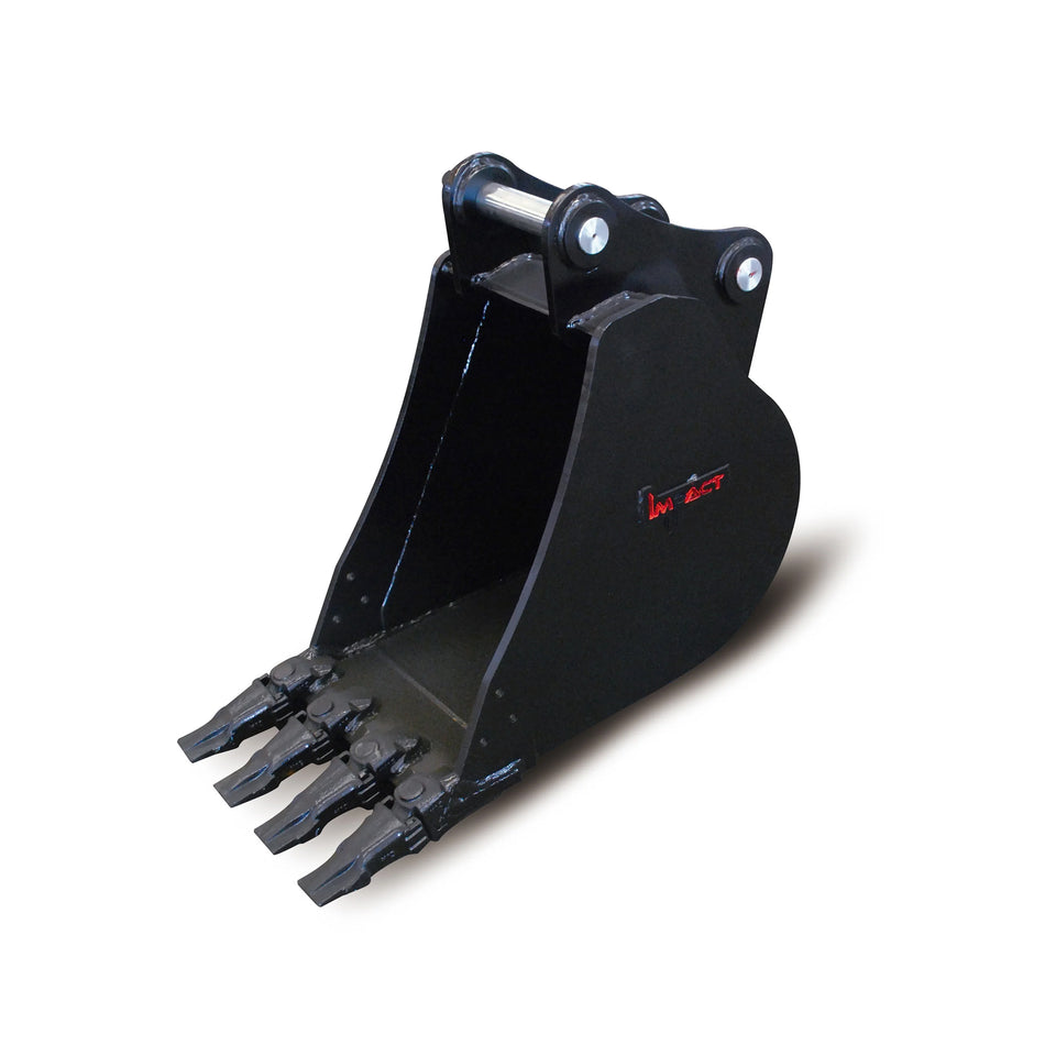 Impact brand heavy-duty digging bucket attachment designed for excavators, showcasing its reinforced construction and sharp teeth for enhanced penetration and durability in tough digging conditions. Ideal for a variety of excavation projects, this robust bucket increases productivity and efficiency on construction and earthmoving sites.