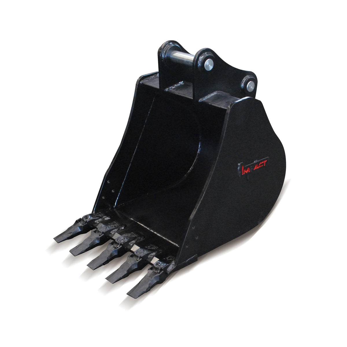 Impact brand heavy-duty digging bucket attachment designed for excavators, showcasing its reinforced construction and sharp teeth for enhanced penetration and durability in tough digging conditions. Ideal for a variety of excavation projects, this robust bucket increases productivity and efficiency on construction and earthmoving sites.