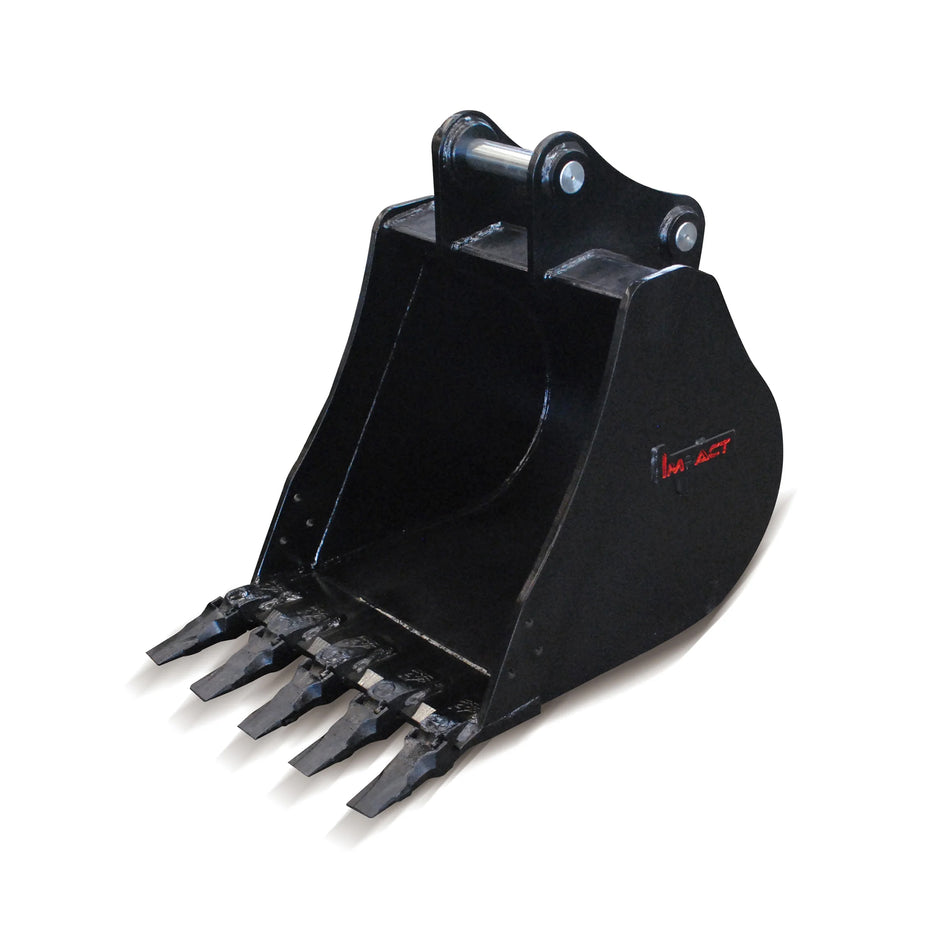 Impact brand heavy-duty digging bucket attachment designed for excavators, showcasing its reinforced construction and sharp teeth for enhanced penetration and durability in tough digging conditions. Ideal for a variety of excavation projects, this robust bucket increases productivity and efficiency on construction and earthmoving sites.