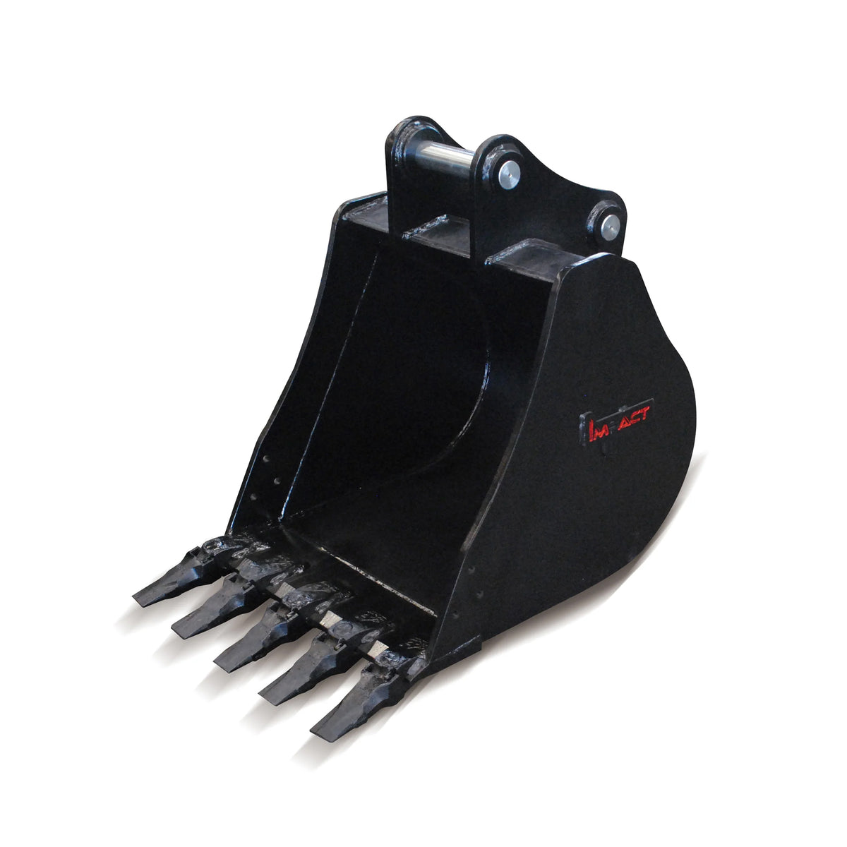 Impact brand heavy-duty digging bucket attachment designed for excavators, showcasing its reinforced construction and sharp teeth for enhanced penetration and durability in tough digging conditions. Ideal for a variety of excavation projects, this robust bucket increases productivity and efficiency on construction and earthmoving sites.
