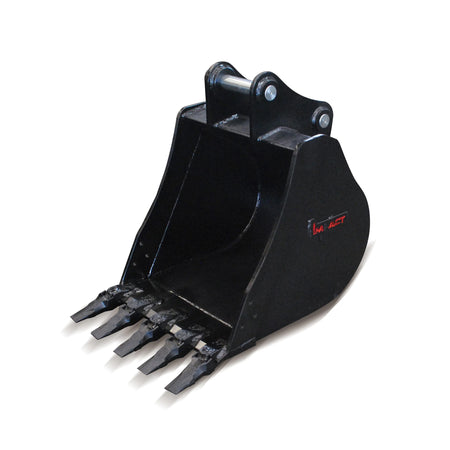 Impact brand heavy-duty digging bucket attachment designed for excavators, showcasing its reinforced construction and sharp teeth for enhanced penetration and durability in tough digging conditions. Ideal for a variety of excavation projects, this robust bucket increases productivity and efficiency on construction and earthmoving sites.