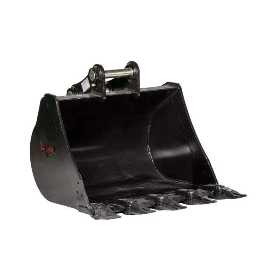 Impact brand heavy-duty digging bucket attachment designed for excavators, showcasing its reinforced construction and sharp teeth for enhanced penetration and durability in tough digging conditions. Ideal for a variety of excavation projects, this robust bucket increases productivity and efficiency on construction and earthmoving sites.