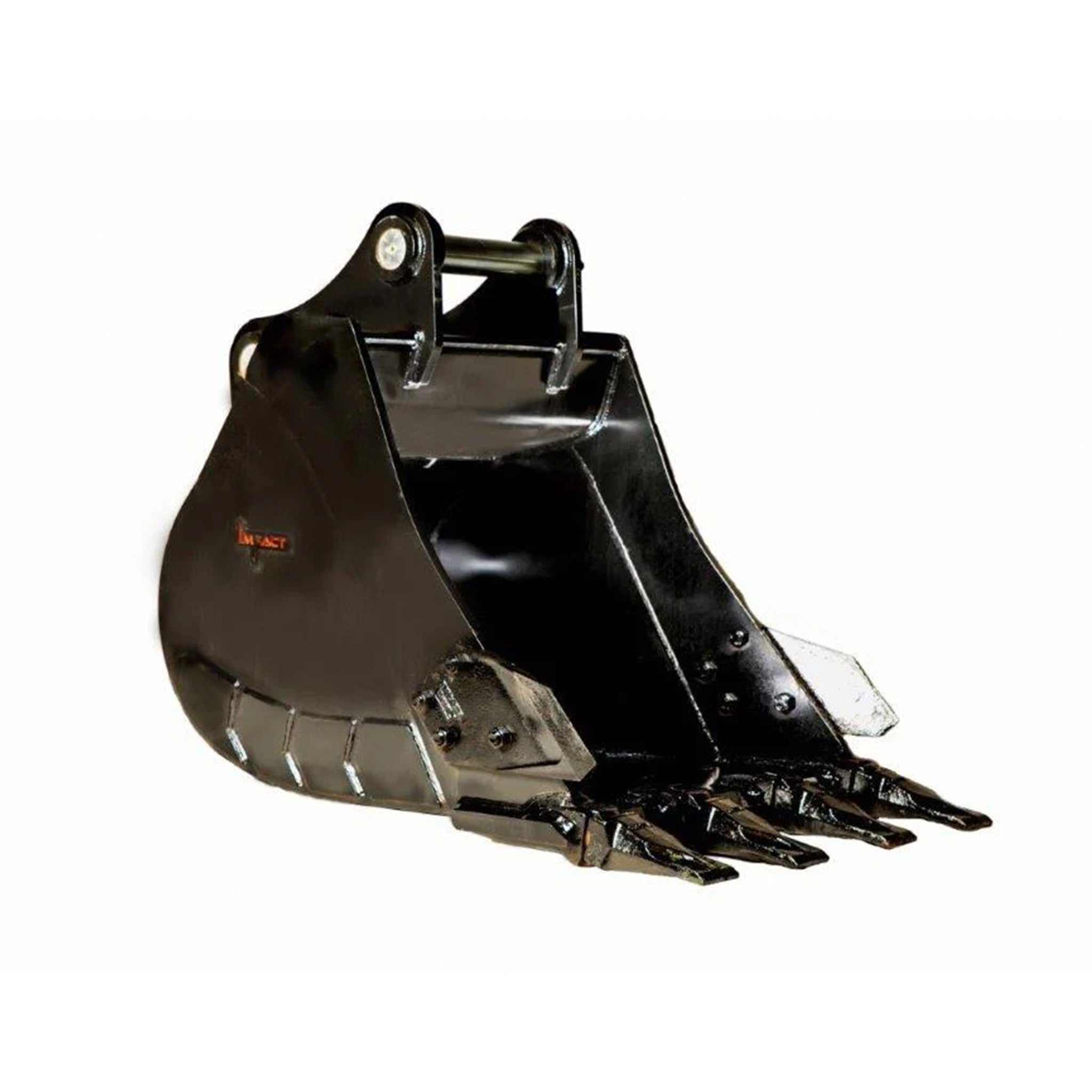 Impact brand heavy-duty digging bucket attachment designed for excavators, showcasing its reinforced construction and sharp teeth for enhanced penetration and durability in tough digging conditions. Ideal for a variety of excavation projects, this robust bucket increases productivity and efficiency on construction and earthmoving sites.