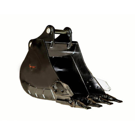 Impact brand heavy-duty digging bucket attachment designed for excavators, showcasing its reinforced construction and sharp teeth for enhanced penetration and durability in tough digging conditions. Ideal for a variety of excavation projects, this robust bucket increases productivity and efficiency on construction and earthmoving sites.