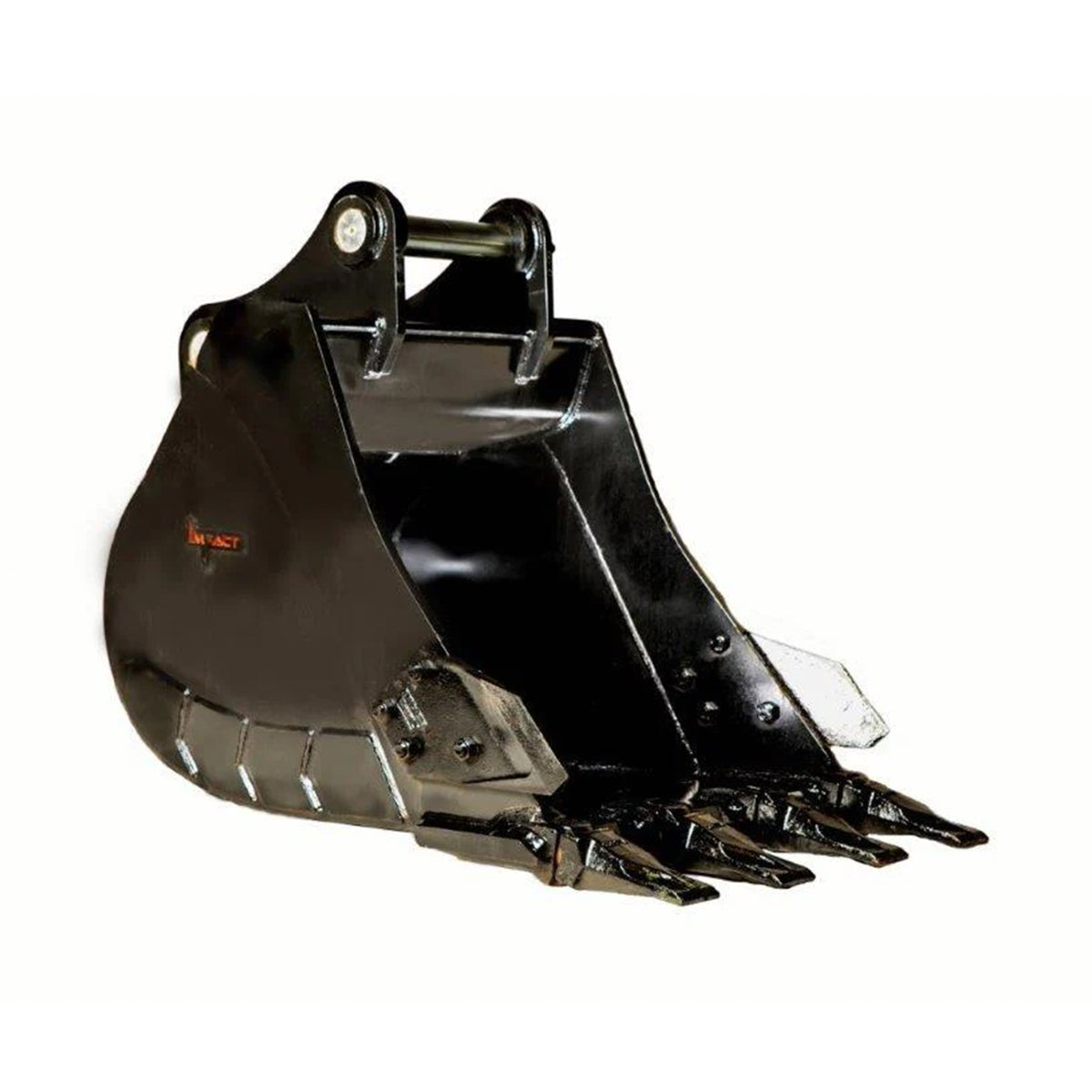 Impact brand heavy-duty digging bucket attachment designed for excavators, showcasing its reinforced construction and sharp teeth for enhanced penetration and durability in tough digging conditions. Ideal for a variety of excavation projects, this robust bucket increases productivity and efficiency on construction and earthmoving sites.