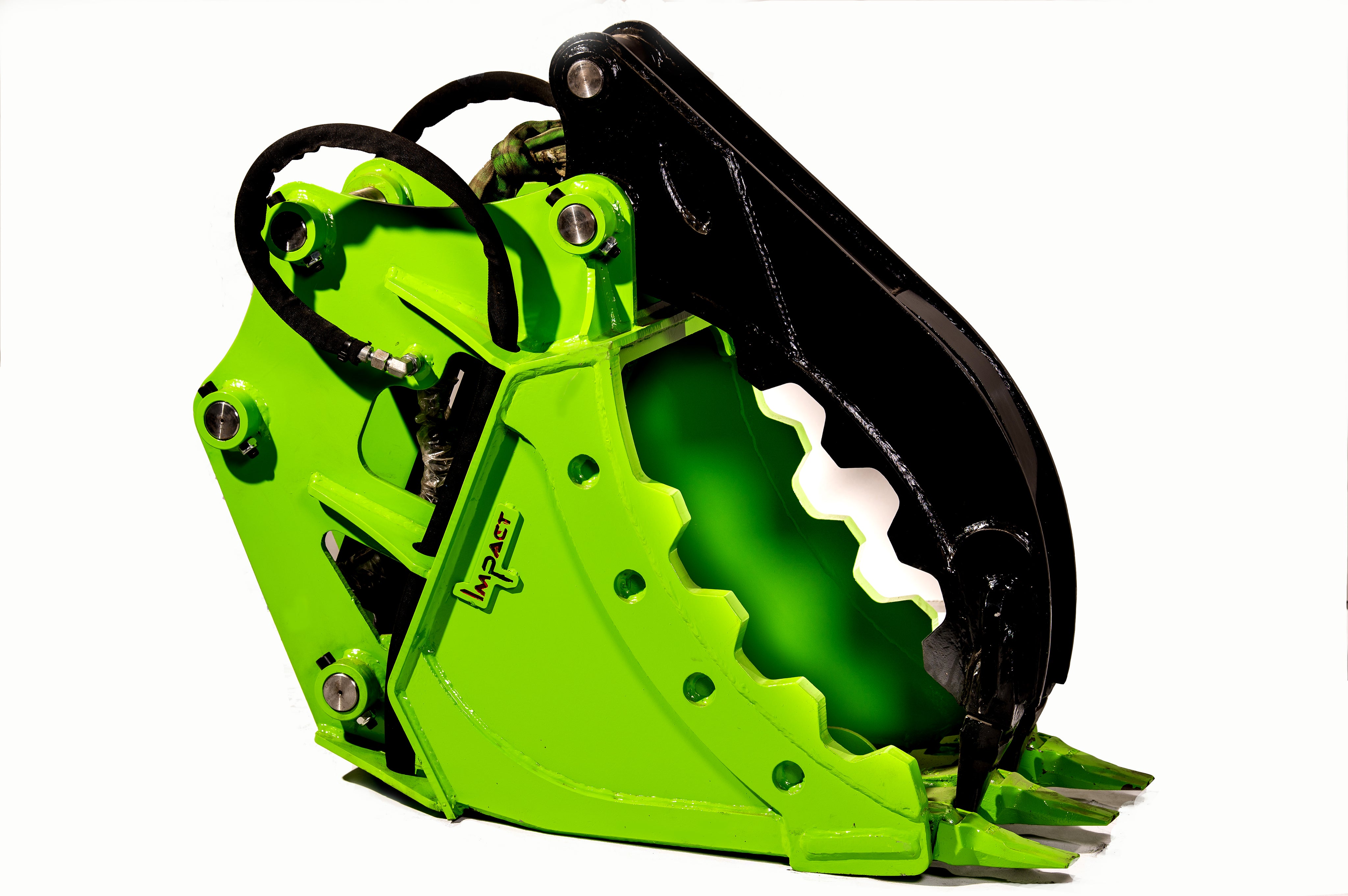 Impact brand bright green grapple bucket attachment, designed for excavators, highlighting its rugged build and powerful grip for handling heavy materials. Perfect for demanding construction and demolition tasks, this attachment enhances operational efficiency with its durable design and precise control capabilities, ensuring optimal performance in diverse work environments