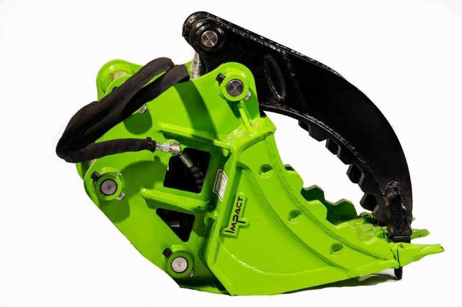 Impact brand bright green grapple bucket attachment, designed for excavators, highlighting its rugged build and powerful grip for handling heavy materials. Perfect for demanding construction and demolition tasks, this attachment enhances operational efficiency with its durable design and precise control capabilities, ensuring optimal performance in diverse work environments.