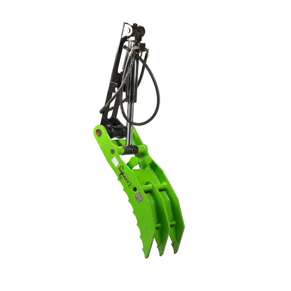This image shows an Impact hydraulic thumb attachment, ideal for precise gripping and handling of materials with excavators in construction and demolition projects.