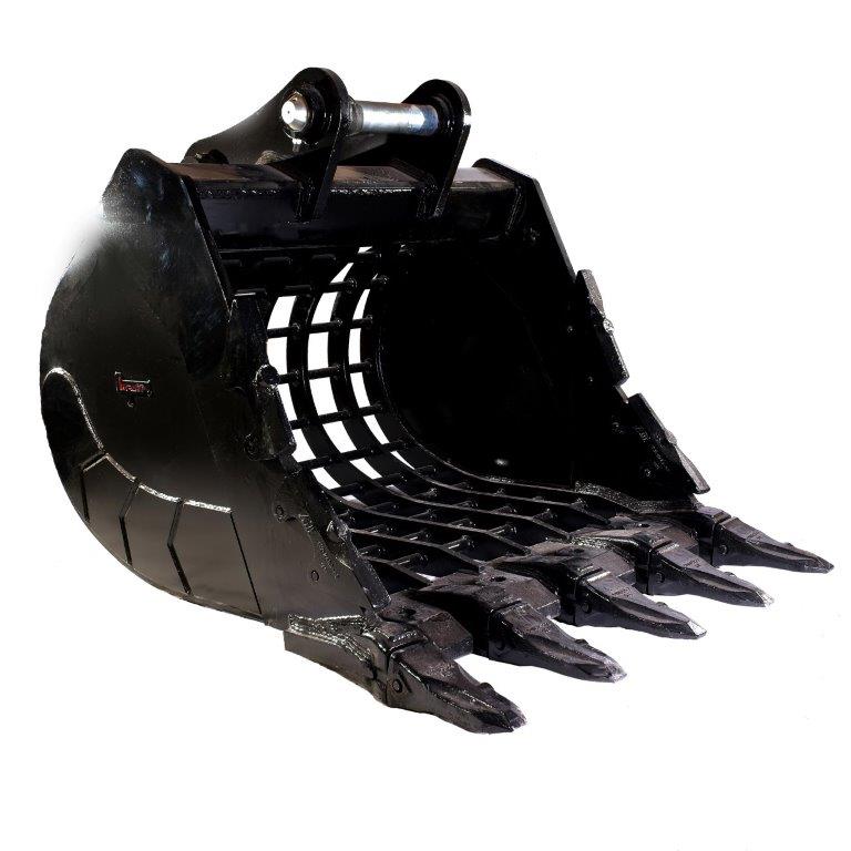 Impact Attachments sieve bucket designed for sorting and separating materials during excavation and demolition projects.
