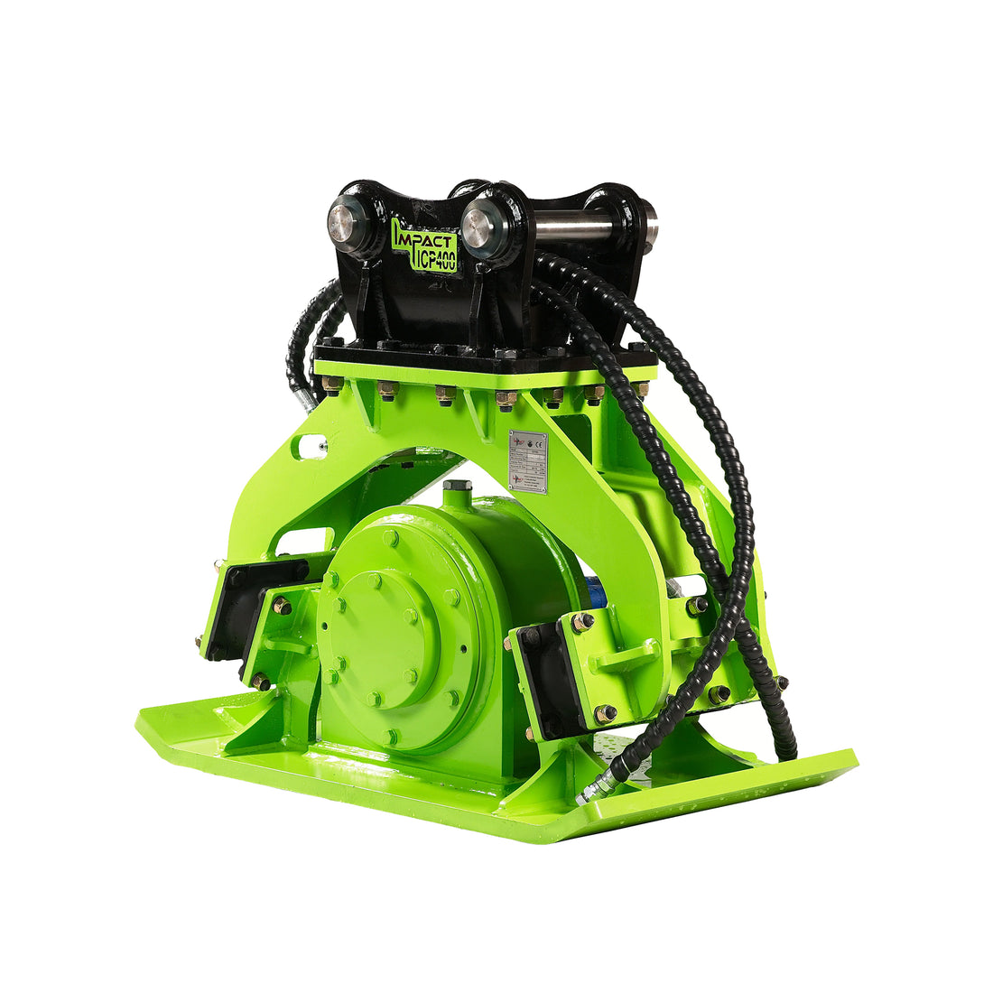 Impact brand hydraulic compaction plate attachment, designed for excavators to deliver powerful and efficient soil and gravel compaction in construction and landscaping projects. This heavy-duty compaction plate enhances productivity by providing uniform compaction, reducing air gaps, and ensuring a stable foundation for various construction tasks.