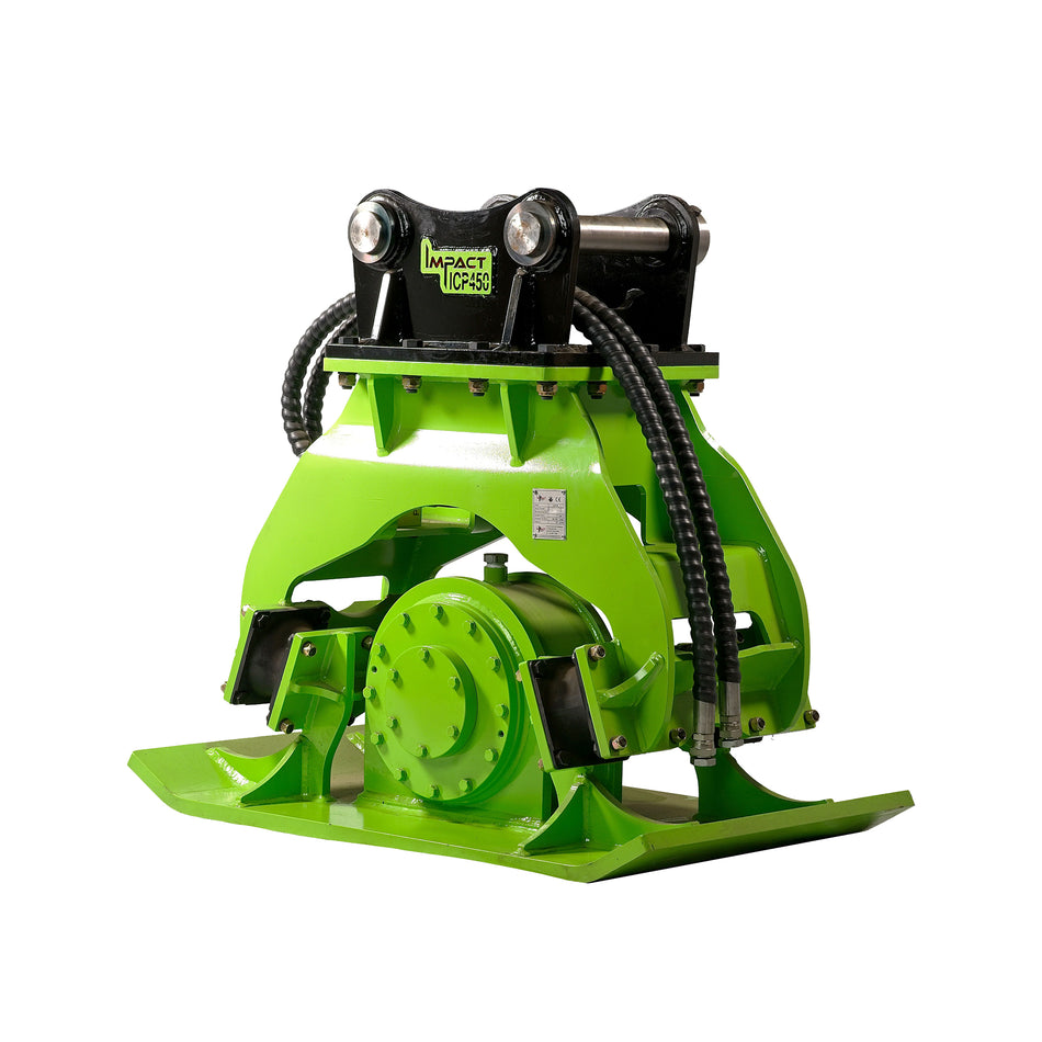 Impact brand hydraulic compaction plate attachment, designed for excavators to deliver powerful and efficient soil and gravel compaction in construction and landscaping projects. This heavy-duty compaction plate enhances productivity by providing uniform compaction, reducing air gaps, and ensuring a stable foundation for various construction tasks.