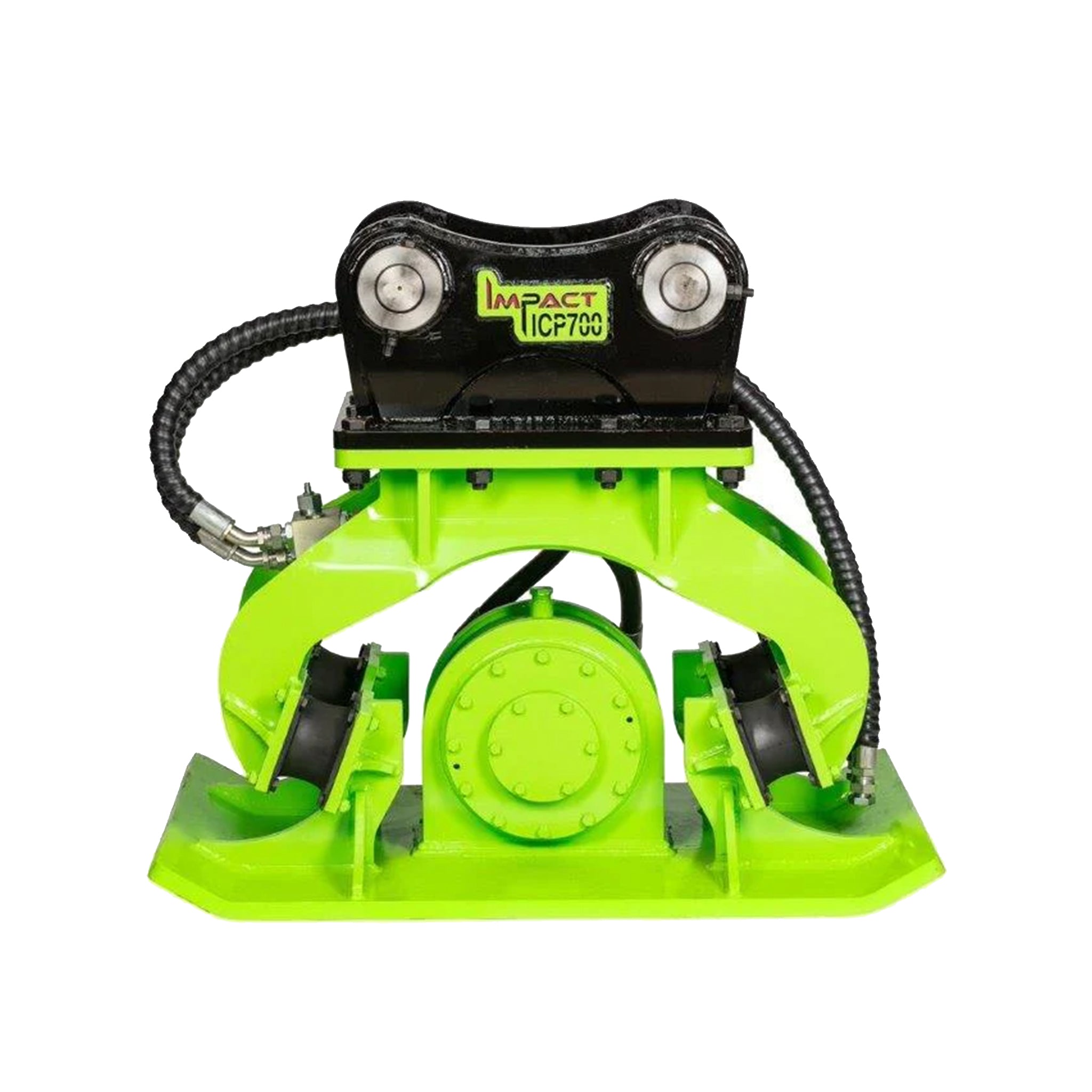 Impact brand hydraulic compaction plate attachment, designed for excavators to deliver powerful and efficient soil and gravel compaction in construction and landscaping projects. This heavy-duty compaction plate enhances productivity by providing uniform compaction, reducing air gaps, and ensuring a stable foundation for various construction tasks.