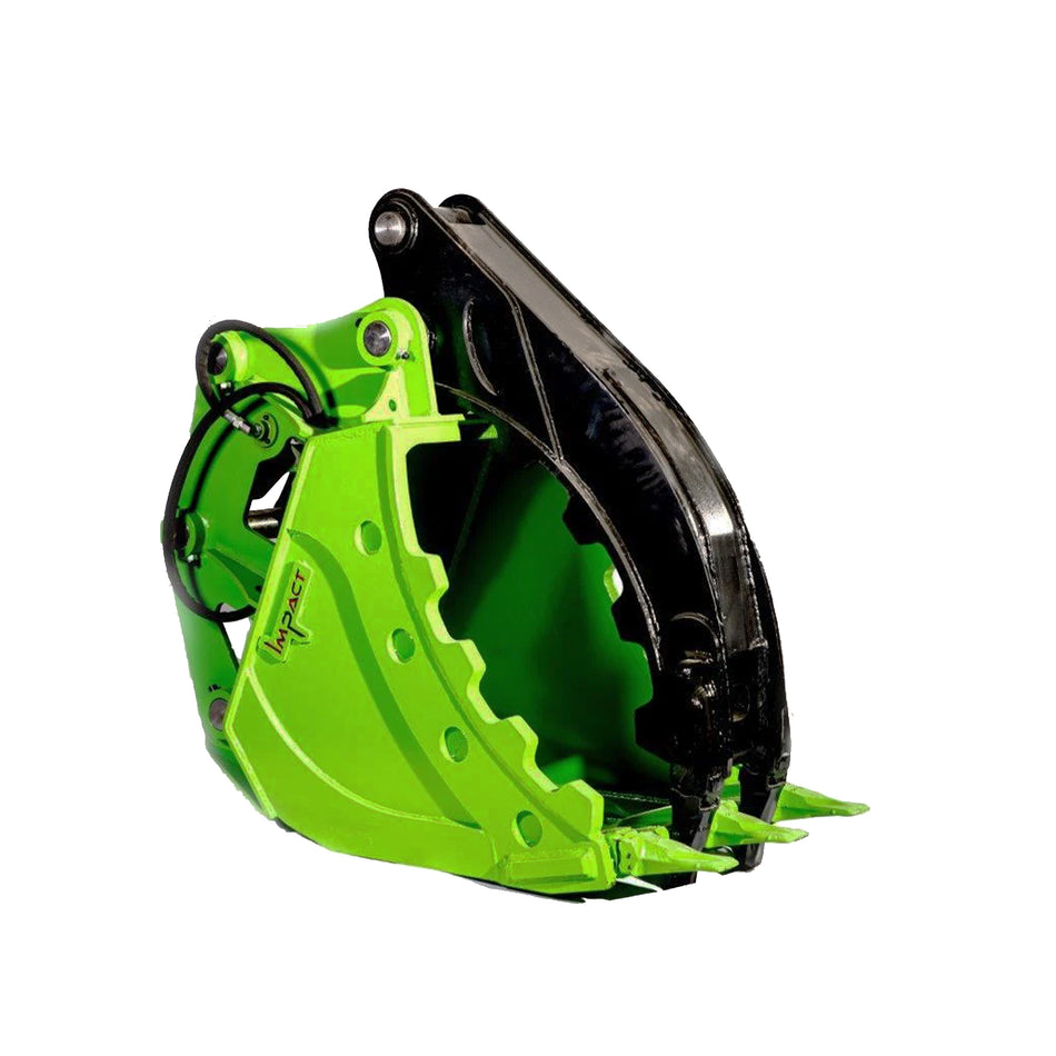 Impact brand grapple bucket attachment for excavators, designed for robust handling and precise gripping of heavy materials like logs, rocks, and debris. Ideal for construction, demolition, and forestry applications, this versatile grapple bucket enhances efficiency and control in material sorting and loading operations.