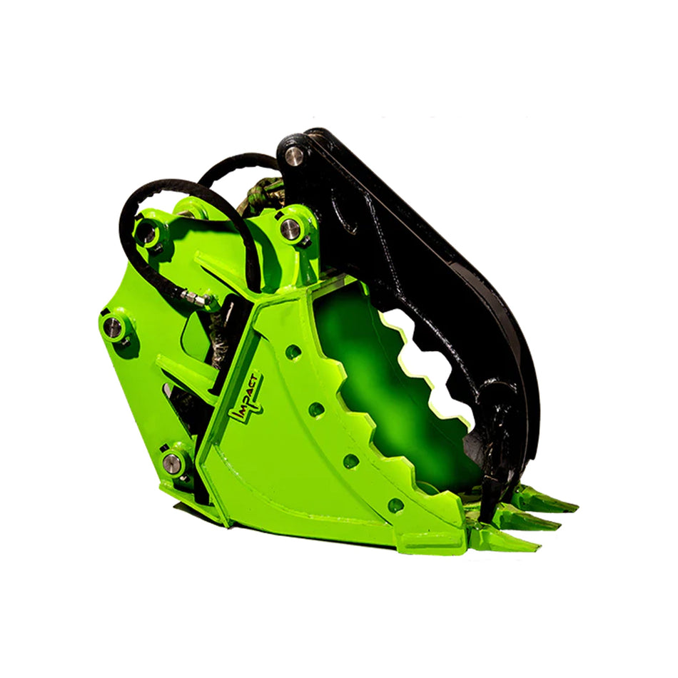 Impact brand bright green grapple bucket attachment, designed for excavators, highlighting its rugged build and powerful grip for handling heavy materials. Perfect for demanding construction and demolition tasks, this attachment enhances operational efficiency with its durable design and precise control capabilities, ensuring optimal performance in diverse work environments