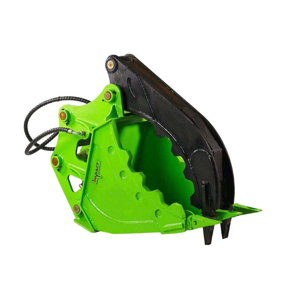 Impact brand grapple bucket attachment for excavators, designed for robust handling and precise gripping of heavy materials like logs, rocks, and debris. Ideal for construction, demolition, and forestry applications, this versatile grapple bucket enhances efficiency and control in material sorting and loading operations.