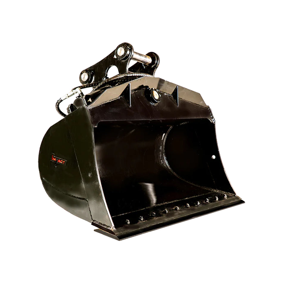 Impact brand hydraulic tilt bucket attachment for excavators, designed for superior versatility in digging, grading, and leveling tasks. This durable tilt bucket enhances precision and efficiency on construction sites, offering operators better control and performance in various earthmoving projects.
