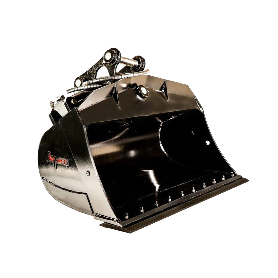 Impact brand hydraulic tilt bucket attachment for excavators, designed for superior versatility in digging, grading, and leveling tasks. This durable tilt bucket enhances precision and efficiency on construction sites, offering operators better control and performance in various earthmoving projects.