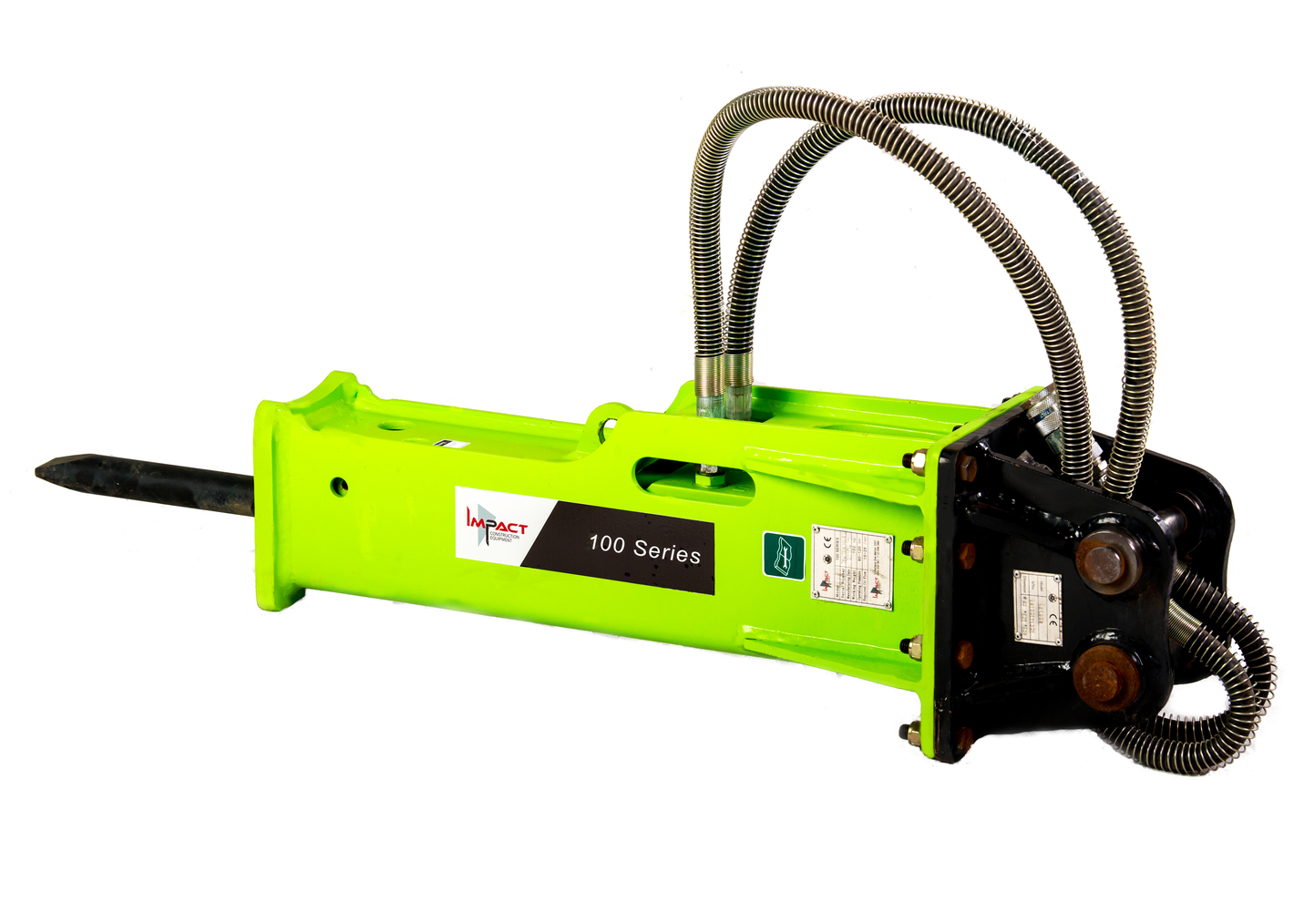 Impact Attachments 100 Series hydraulic breaker, designed for efficient demolition and breaking tasks with excavators.