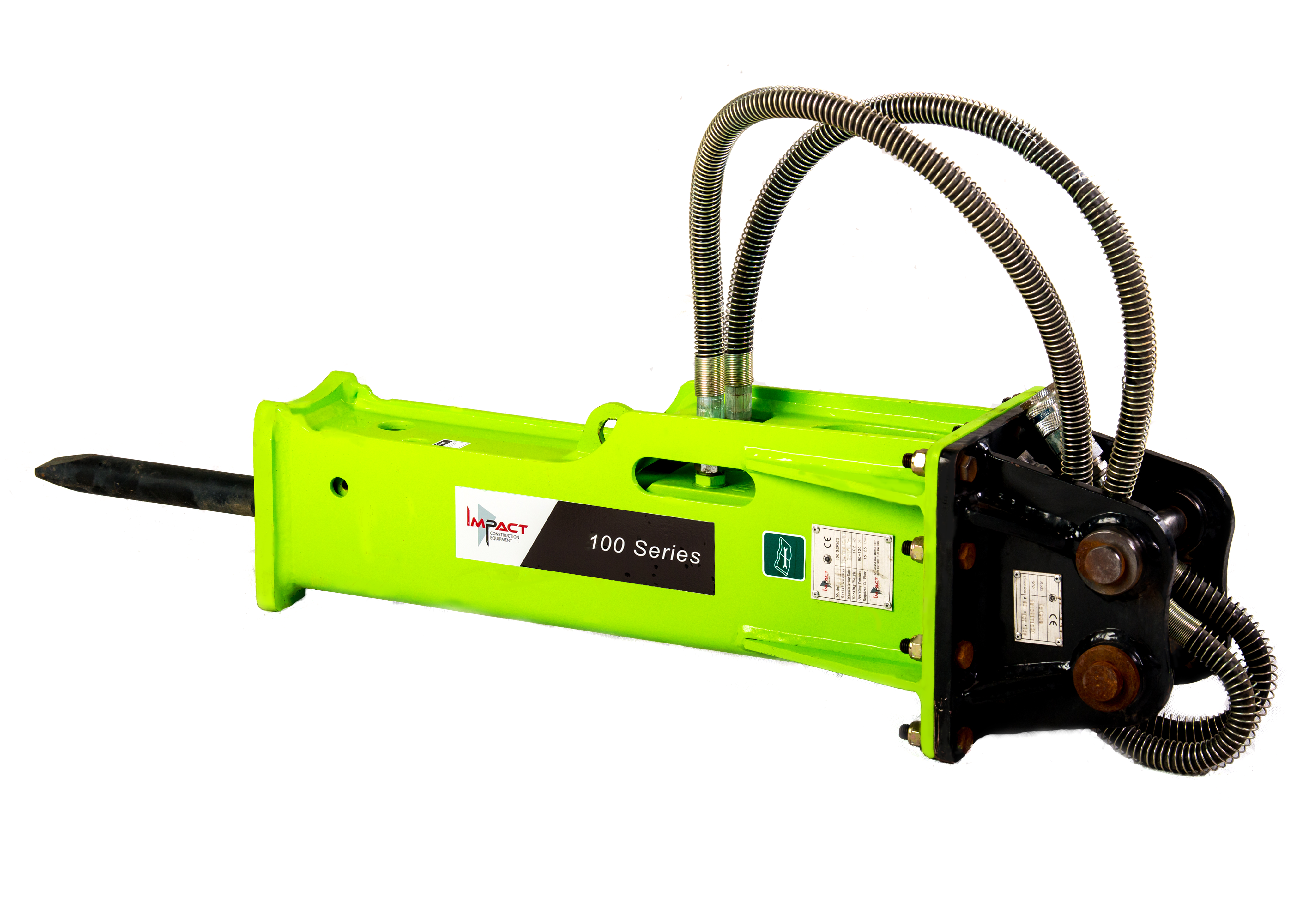 Impact Attachments 100 Series hydraulic breaker, designed for efficient demolition and breaking tasks with excavators.