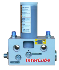 InterLube automatic lubrication system, featuring a grease refill cartridge, designed for efficient and reliable maintenance of machinery in industrial applications