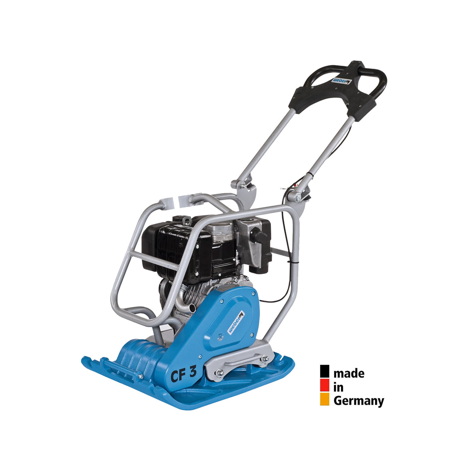 Weber CF 3 vibrating plate compactor, made in Germany, featuring robust construction for effective soil compaction in landscaping and construction projects. Designed for durability and ease of use, this compactor ensures optimal performance and reliability in a variety of ground preparation tasks.
