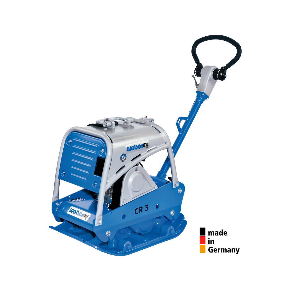 Weber CR3 compactor, a robust and reliable plate compactor made in Germany, designed for efficient soil compaction in construction and landscaping projects. The durable construction and ergonomic design make the Weber CR3 ideal for heavy-duty tasks, ensuring optimal performance and longevity