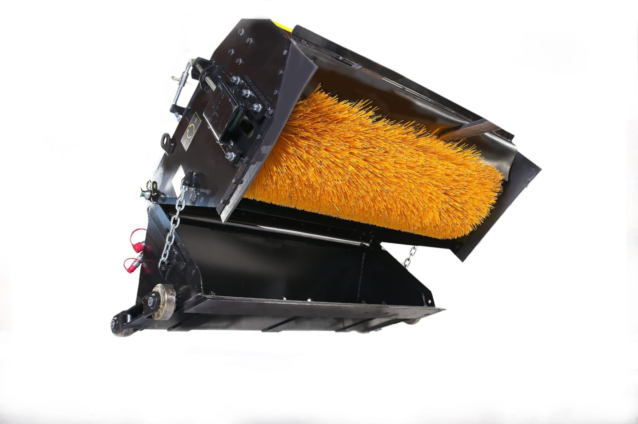 Close-up of Impact Attachments hydraulic broom with bristles exposed, showcasing the heavy-duty design for efficient sweeping on construction sites